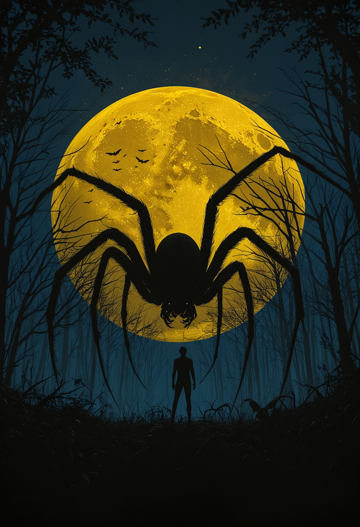 A silhouetted figure stands at the edge of a dark eerie forest under a muted yellow full moon, facing a colossal spider, spider legs ominously span the entire scene, shades of deep blue and black the scene, and distant bats dotting the sky, <lora:add-detail-xl:1>, <lora:- SDXL - vanta-black_contrast_V3.0:0.5>, <lora:MJ52:0.5>