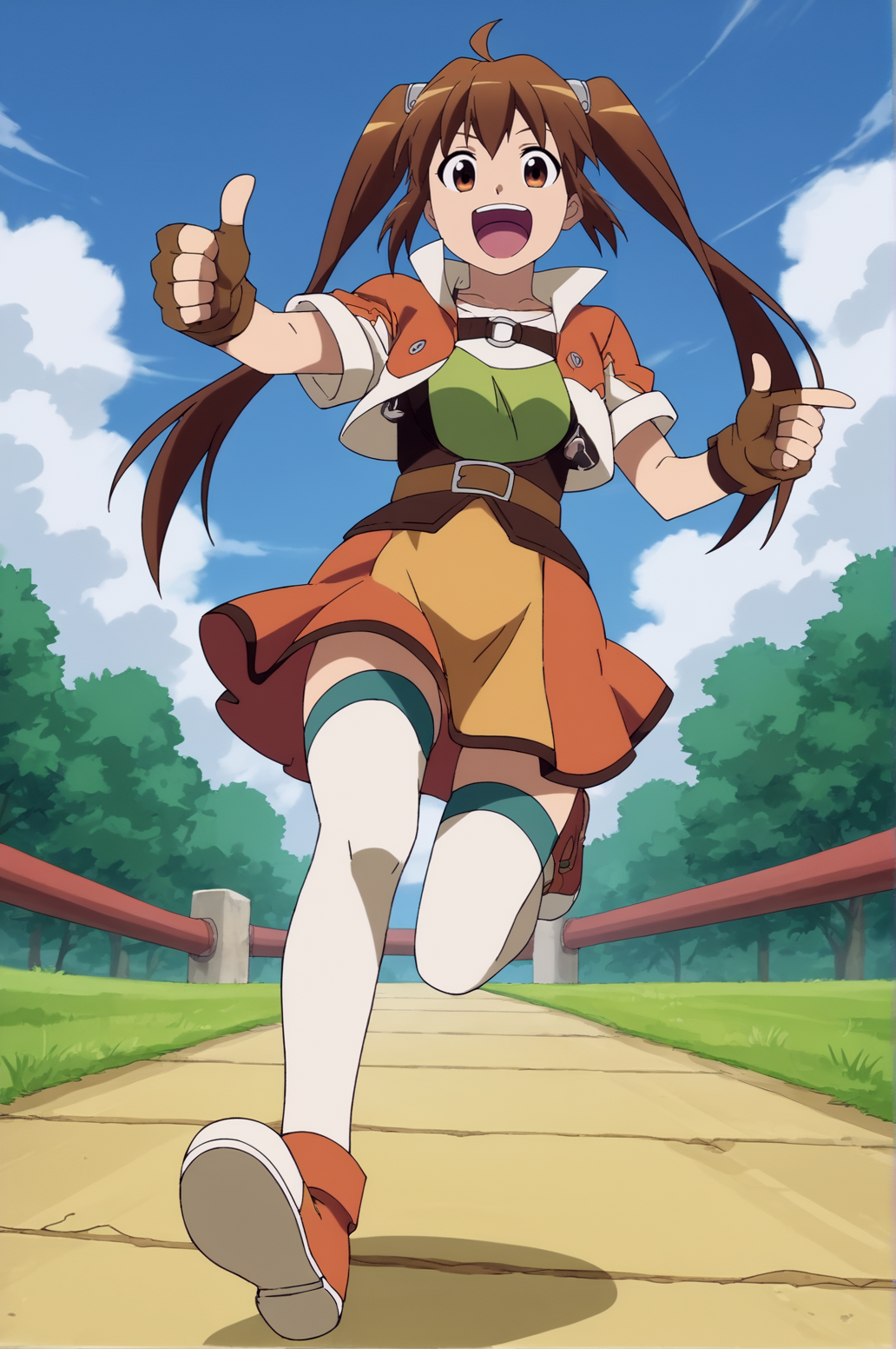 score_9, score_8_up, score_7_up,anime_source, source_anime, best background, detailed background, anime screencap,  Estelle, brown gloves, fingerless gloves, gloves, jacket, belt, orange skirt, white thighhighs, shoes, solo, happy, thumbs up, dynamic angle, full body, cameltoe, from below, leg up, leg lift, <lora:JN_Estelle_Bright:0.8>