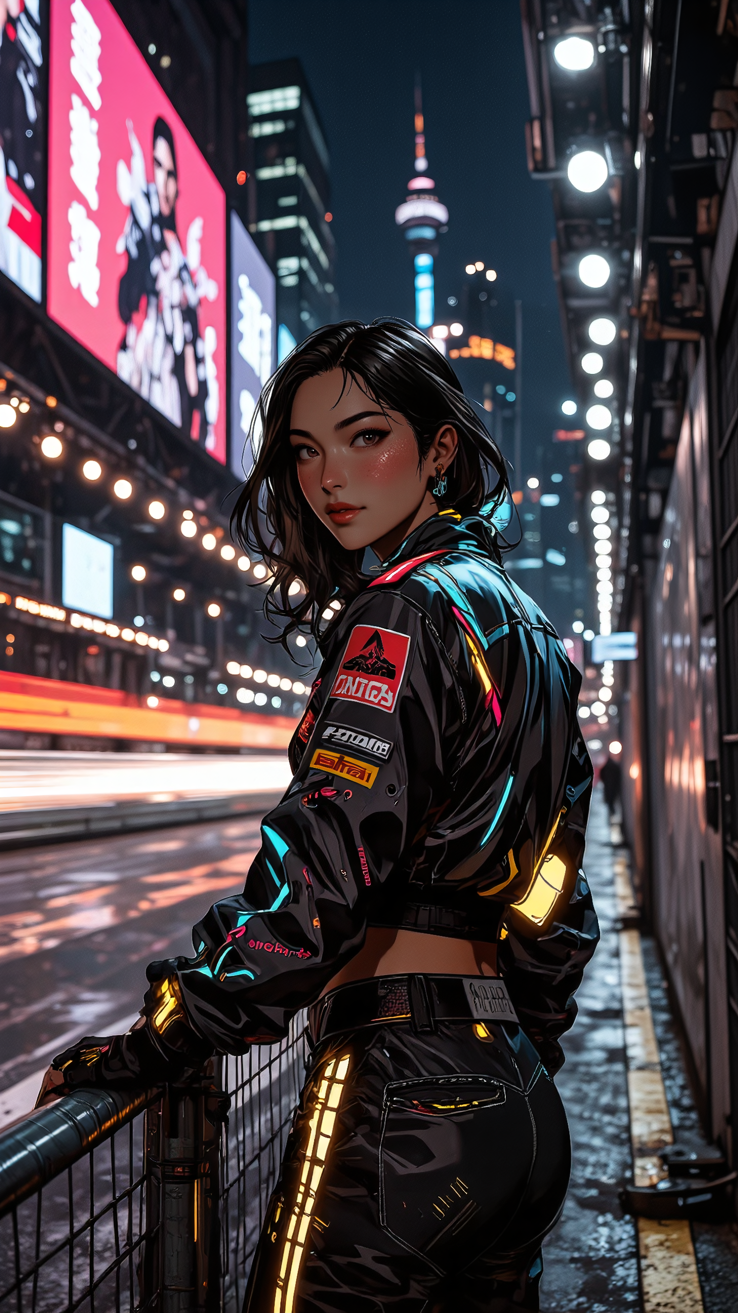 High-quality semi-realistic anime illustration with ultra-detailed rendering, smooth blended shading, fully realistic background. A young woman stands behind a sturdy metal railing at the edge of the Formula 1 track in Shanghai at night, the air electric with speed and motion. Blinding neon lights from towering skyscrapers reflect off the slick asphalt, while glowing motion trails streak across the scene as high-performance race cars blur past in a symphony of speed and power. The deep hum of engines and the sharp screech of tires fill the night air, mixing with the distant pulse of the city beyond.  
Her long, jet-black hair is caught in the wind, strands lifted by the turbulence of passing cars. Her sharp, confident eyes shimmer under the flickering glow of massive LED billboards, the vibrant hues of electric blue, crimson, and gold casting ever-changing patterns across her face. A subtle smirk lingers on her lips as she grips the cool metal railing in front of her, leaning slightly forward in anticipation.  
She wears a sleek, high-tech racing jacket in metallic black with glowing neon-blue accents tracing the seams, the fabric lightweight yet form-fitting. Underneath, a cropped black top reveals toned abs, complementing her high-waisted, fitted track pants with dynamic streaks of neon red and yellow that mimic the light trails of the speeding cars. Fingerless gloves, reinforced with synthetic carbon fibers, rest against the railing, fingers lightly curled around the bars. Her sleek, futuristic sneakers feature glowing soles, mirroring the pulse of Shanghaiâs ever-moving energy.  
The background is fully realistic and high-energy, the Formula 1 track stretching into the distance, illuminated by a network of overhead floodlights casting crisp shadows on the circuit. Gigantic digital screens display live footage of the race, their colors shifting rapidly as updates flash across the screen. Beyond the track, Shanghaiâs skyline towers in neon brilliance, massive glass buildings reflecting the chaotic beauty of the race. Motion trails streak across the city, blending into the light haze of humidity rising from the urban sprawl.  
The composition is dynamic, a perfect fusion of high-speed motion, neon-lit cyberpunk aesthetics, and the raw energy of a night race, capturing the essence of power, speed, and the electrifying pulse of Shanghai.   <lora:Niji_anime_style_flux:1.0> <lora:Anime_Art_V3:0.8> <lora:Deepjourney:0.7000000000000001>