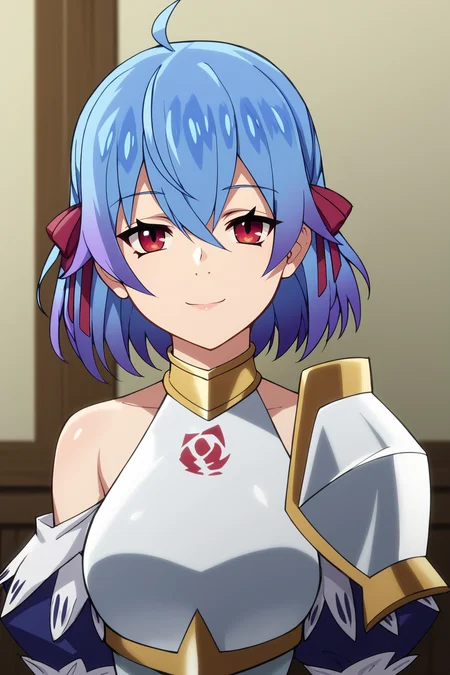 score_9, score_8_up, score_7_up, score_6_up, BREAK, RutiBHPXL, red eyes, blue hair, purple hair, gradient hair, short hair, hair ribbon, red ribbon, ahoge, hair between eyes, medium breasts, white armor, breastplate, detached sleeves, blue sleeves, single pauldron, solo, front view, (portrait, upper body), solo focus, seductive smile, looking at viewer, indoors <lora:RutiBHPXL:1>