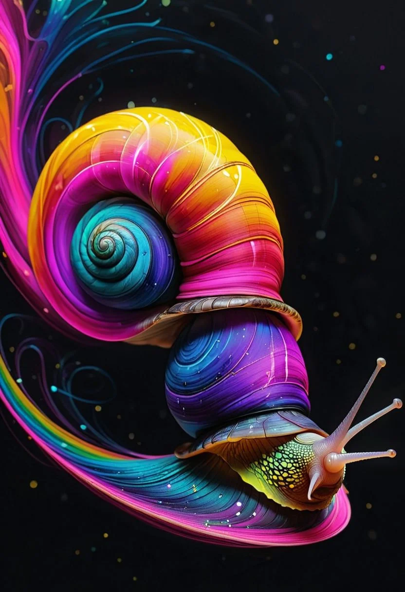 artshmll, pencil contour drawing, artfshnshtr, artxldnc
This digital artwork presents a neon-colored snail trailing a vibrant rainbow as it glides across a deep, textured black background reminiscent of the cosmos. The snail, glowing in shades of hot pink and golden yellow, stands out as a beacon of whimsy and slow-paced exploration in a universe bustling with energy. The stark contrast between the snail's deliberate movement and the high-speed streaks of its trail creates a playful paradox, suggesting a joyful journey through space and time.