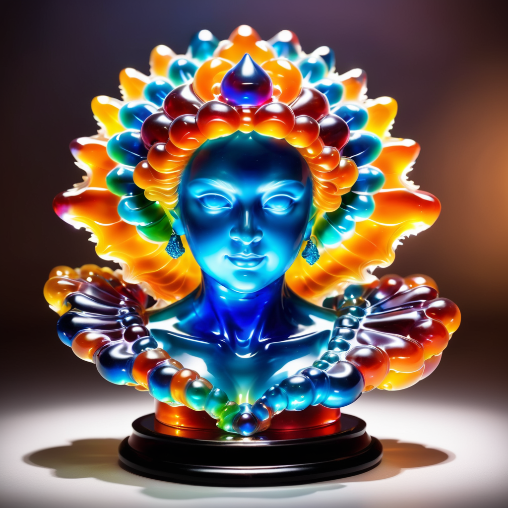 made out of Jed-Jly, <lora:JellyStyle-000007:1>, Monotype Print, masterpiece fractal manifold of a "Bust Out", Ultra Real, vintage, Magic the gathering, vignette, psychedelic, magical, elegant, ambient light, very inspirational, highly decorated, intense