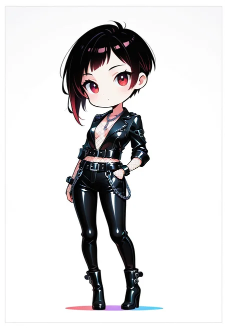 Masterpiece, white background, high quality, good quality, high resolution, absurdes, ((white border)), cinematic lighting, high contrast (rim light: 0.6), dynamic view, , vibrant colors, bright color, chibi style, cartoon style, micro chibi, hobbit size, cartoony, tiny body, simplified, funny, black line, comical, funny cartoon, reduced to a big-headed chibi, crashed body. funny chibi,chibi, solo, simple art, solid stroke,
One girl, Solo,Red Eyes, Short Hair, Pixie Cut, Super Short Hair, Modern Hairstyle, Asymmetrical Hair, Half Short, Half Shaved Hair, Black Hair, Half Long Bangs, Red Locks, Medium Chest, Pale Skin, Leather Top, Plunging Neckline, Chain Necklaces, Elbow-Length Fishnet Gloves, Tight Black Pants, Chains in Pants Pockets Attached to Belt, Black Boots with Short Heels, Bottomless, All White Background,