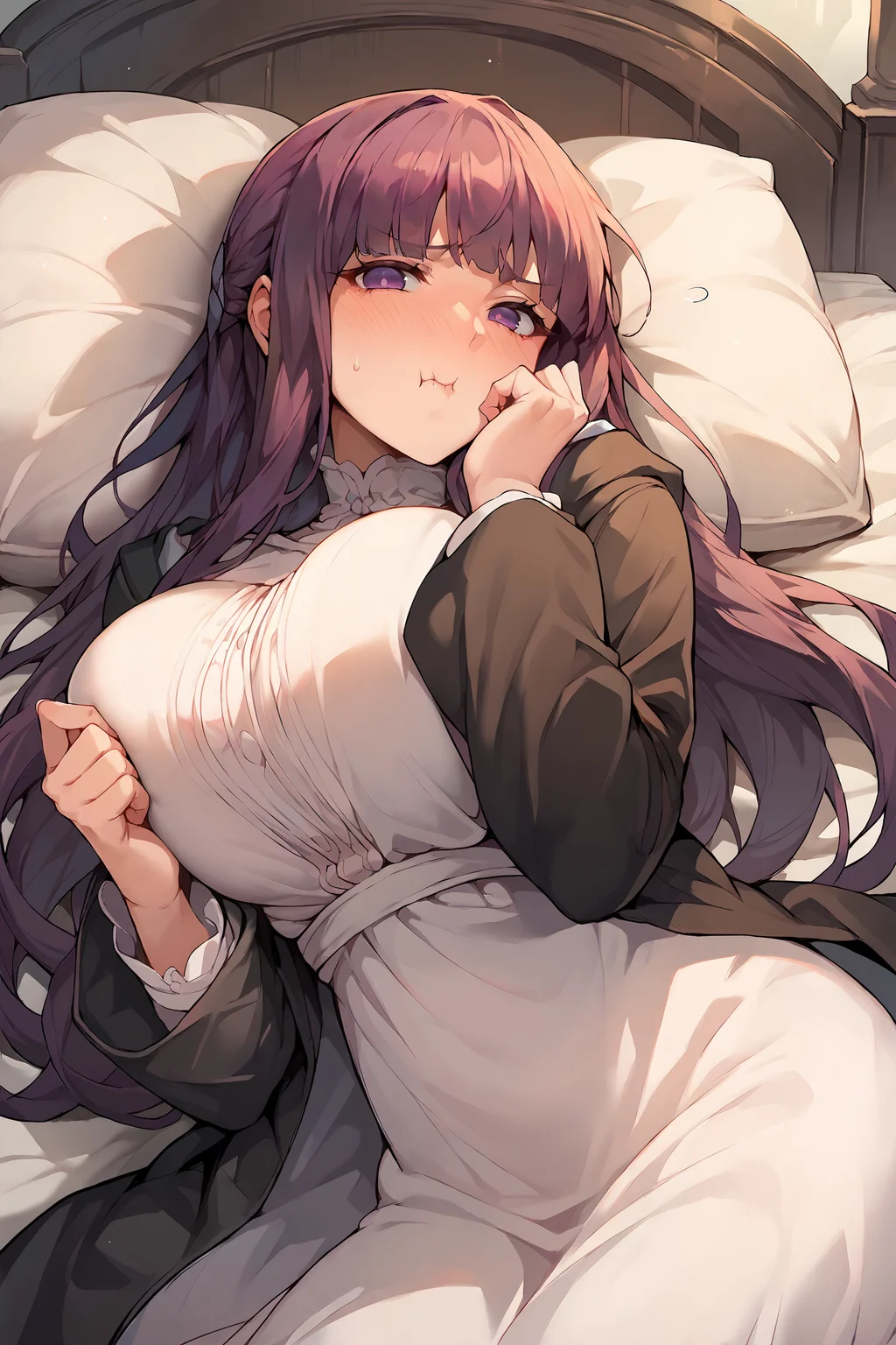 1girl, fern \(sousou no frieren\), solo, large breasts, black coat, long white dress, lying on bed, embarrassed, blush, pout, :t, looking at viewer, covering privates , score_9, score_8_up, score_7_up, <lora:Char-Fern-V1-Pony:1>, <lora:odanon_style_v2:0.5> <lora:Expressive_H:0.2>
