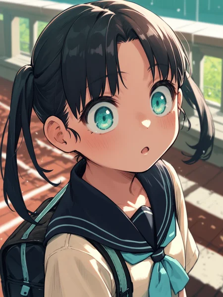 <lora:happy_tentacle-minori-v0.2-000027:1> , ht_minori, twintails, black hair, aqua eyes, school uniform , outdoors, 1girl, solo, upper body , jitome , ( surprised :1), , looking up , standing , facing viewer , score_9, score_8_up, score_7_up, score_6_up, score_5_up, score_4_up