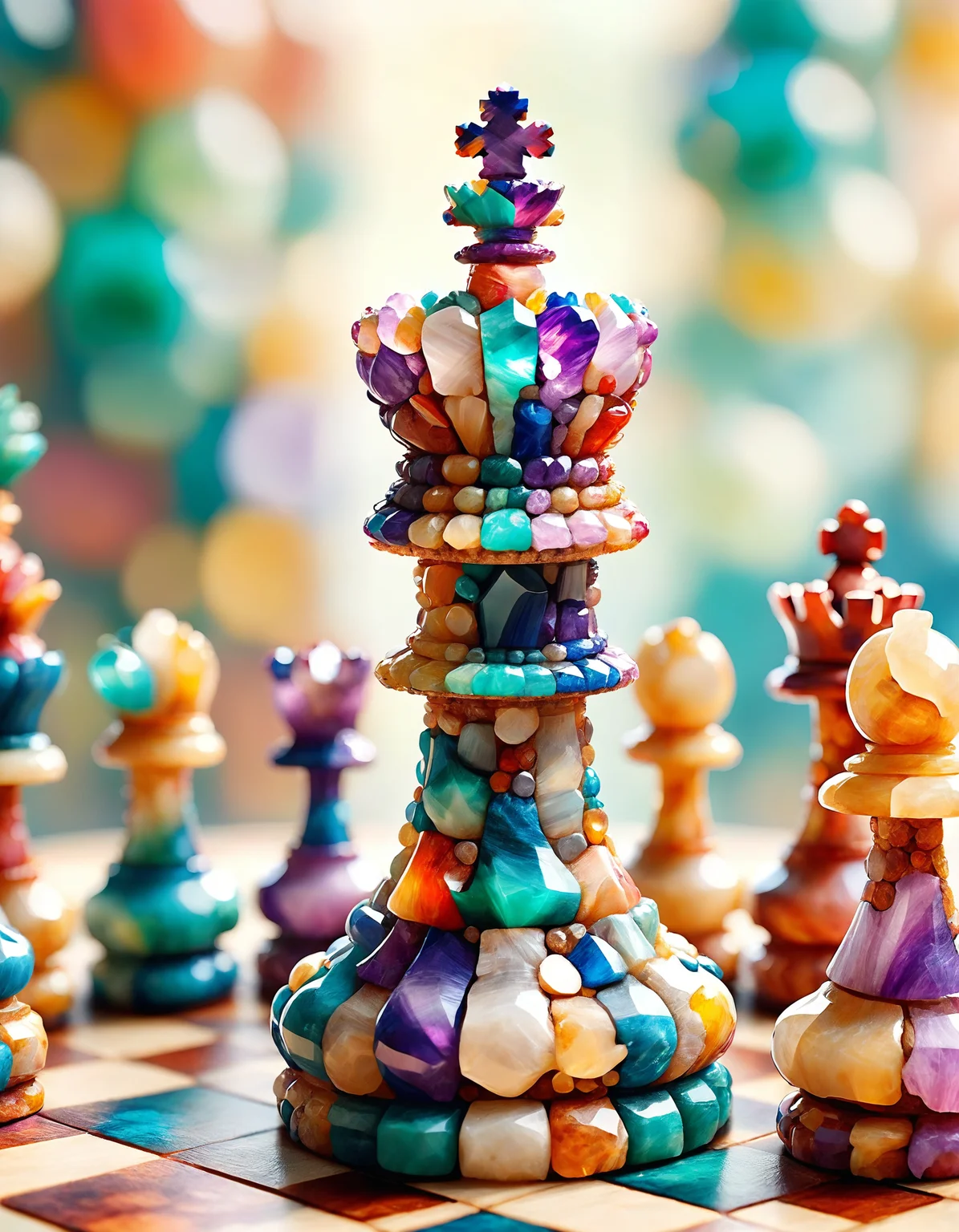 digital art, Chess board made of ral-ntrgmstn, at Townhouse, dramatic light, bokeh, Pastel Colors, <lora:ral-ntrgmstn:1>, Mosaic-Like
