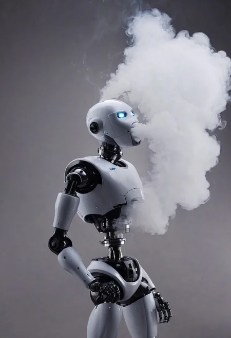 <lora:VapeXL-08:1.0> VapeXL, robot blowing smoke