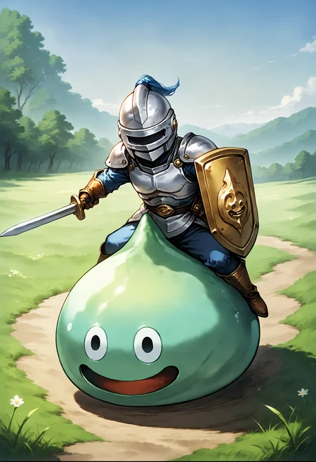 score_9,score_8_up,score_7_up,best quality,masterpiece,super detailed,full_body,zPDXL BREAK nature,field,
<lora:Pony_DetailV2.0:1> BREAK slime knight,slime_(dragon_quest),armor,helmet,holding shield,holding sword,knight,riding,<lora:slime knight-v3-pony:0.7>,charging forward,
