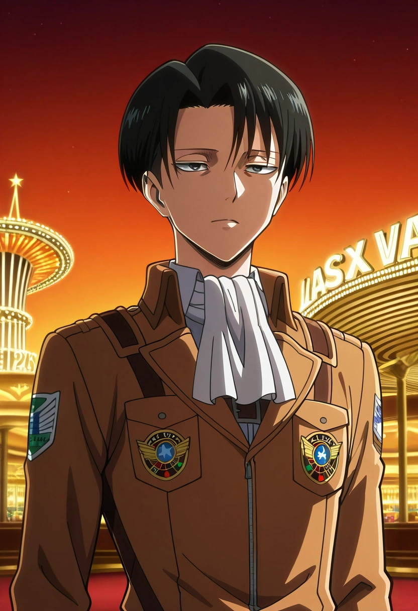 masterpiece, best quality, intricate details, anime screencap, , official style, , , 1boy, solo, male focus, <lora:levi_ackerman_ilxl:0.9>, levi_ackerman, black hair, black eyes, short hair, curtained hair, paradis military uniform, ascot, , asymmetrical, las vegas, casino, dusk, arms at sides, happy,