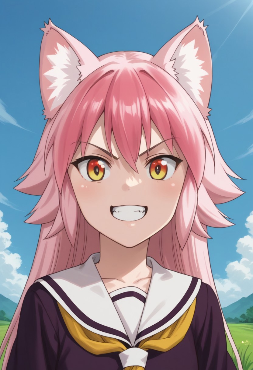 score_9, score_8_up, source_anime, highly detailed, 
ranka, 1girl, animal ears, wolf girl, wolf ears, wolf tail, tail, school uniform, solo,
pink hair, skirt, upper body, long hair, animal ear fluff, serafuku, smile,
pleated skirt, open mouth, neckerchief, angry, teeth,
outdoor, sky, grass,