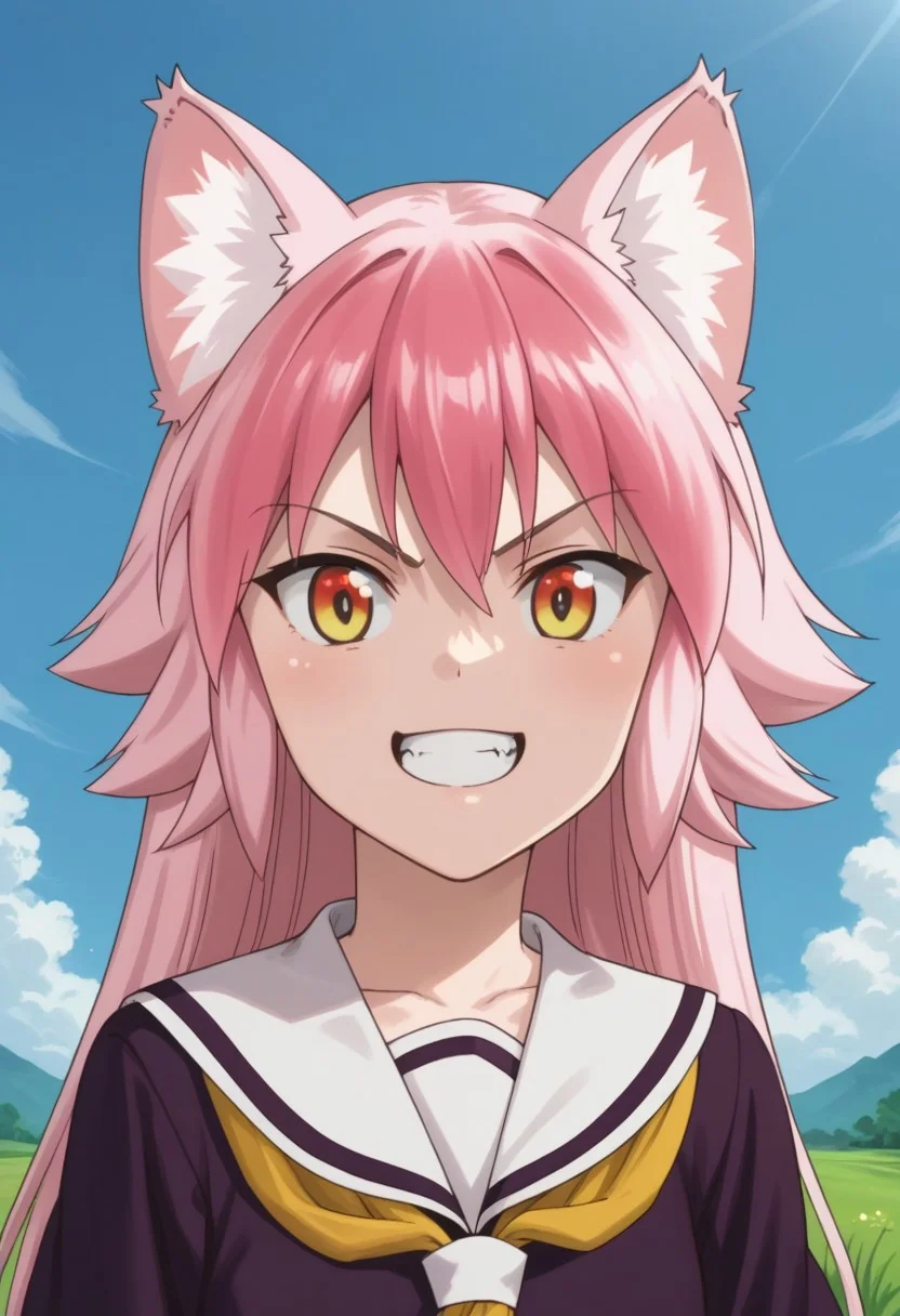 score_9, score_8_up, source_anime, highly detailed,
ranka, 1girl, animal ears, wolf girl, wolf ears, wolf tail, tail, school uniform, solo,
pink hair, skirt, upper body, long hair, animal ear fluff, serafuku, smile,
pleated skirt, open mouth, neckerchief, angry, teeth,
outdoor, sky, grass,