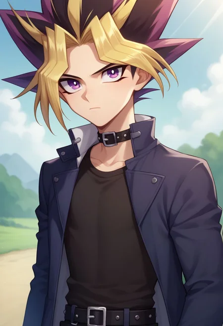 score_9, score_8_up, source_anime, highly detailed,
yami, 1boy, male focus, blonde hair, solo, purple eyes, multicolored hair, shirt, black shirt, jacket, closed mouth, spiked hair,
outdoor, upper body,