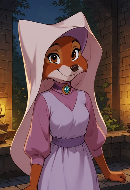 masterpiece, best quality,    <lora:MaidMarianDisney_IXL:1.0>,   zzMarian, brown eyes, furry female, body fur, two-tone fur, orange fur, white fur,   long sleeves, dress, jewelry, brooch, gem, hat,   smile, looking at viewer,