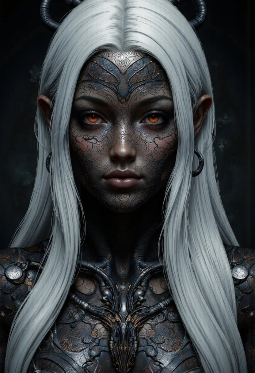 An extreme closeup portrait for an enigmatic and otherworldly woman with intricately textured metallic skin, their face and body adorned with elaborate biomechanical patterns that ripple like living armor. The figure's piercing crimson eyes glow with an intense, otherworldly energy, contrasting sharply with the cool, dark tones of their neck and face. Long, silver-white hair cascades down their back, enhancing their ethereal and alien appearance. The dimly lit, shadowy background emphasizes their enigmatic presence, evoking a sense of mystery and power.