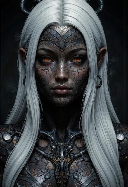 An extreme closeup portrait for an enigmatic and otherworldly woman with intricately textured metallic skin, their face and body adorned with elaborate biomechanical patterns that ripple like living armor. The figure's piercing crimson eyes glow with an intense, otherworldly energy, contrasting sharply with the cool, dark tones of their neck and face. Long, silver-white hair cascades down their back, enhancing their ethereal and alien appearance. The dimly lit, shadowy background emphasizes their enigmatic presence, evoking a sense of mystery and power.