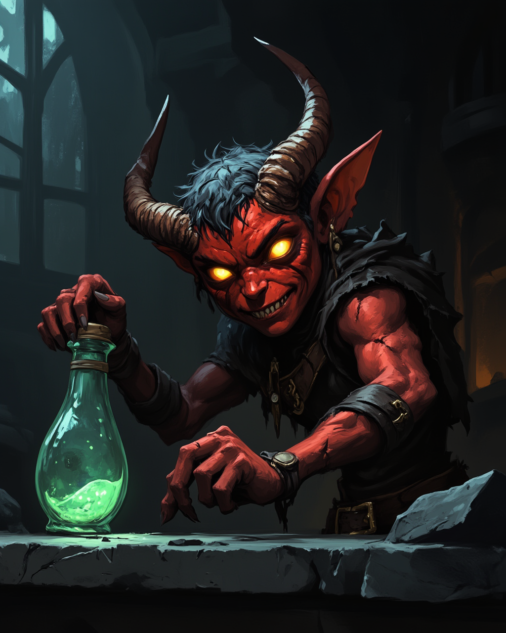 wc1dnd_style, in the style of cksc, Digital painting, a close-up of a small, mischievous imp with leathery red skin and sharp, curling horns, crouched on the edge of a cracked potion bottle. Its tiny claws clutch a glowing green vial, and its glowing yellow eyes gleam with malice as faint wisps of smoke rise from the bottle.
 <lora:Flux.Digital_Painting_DnD:1> <lora:ck-shadow-circuit-000021:0.4>