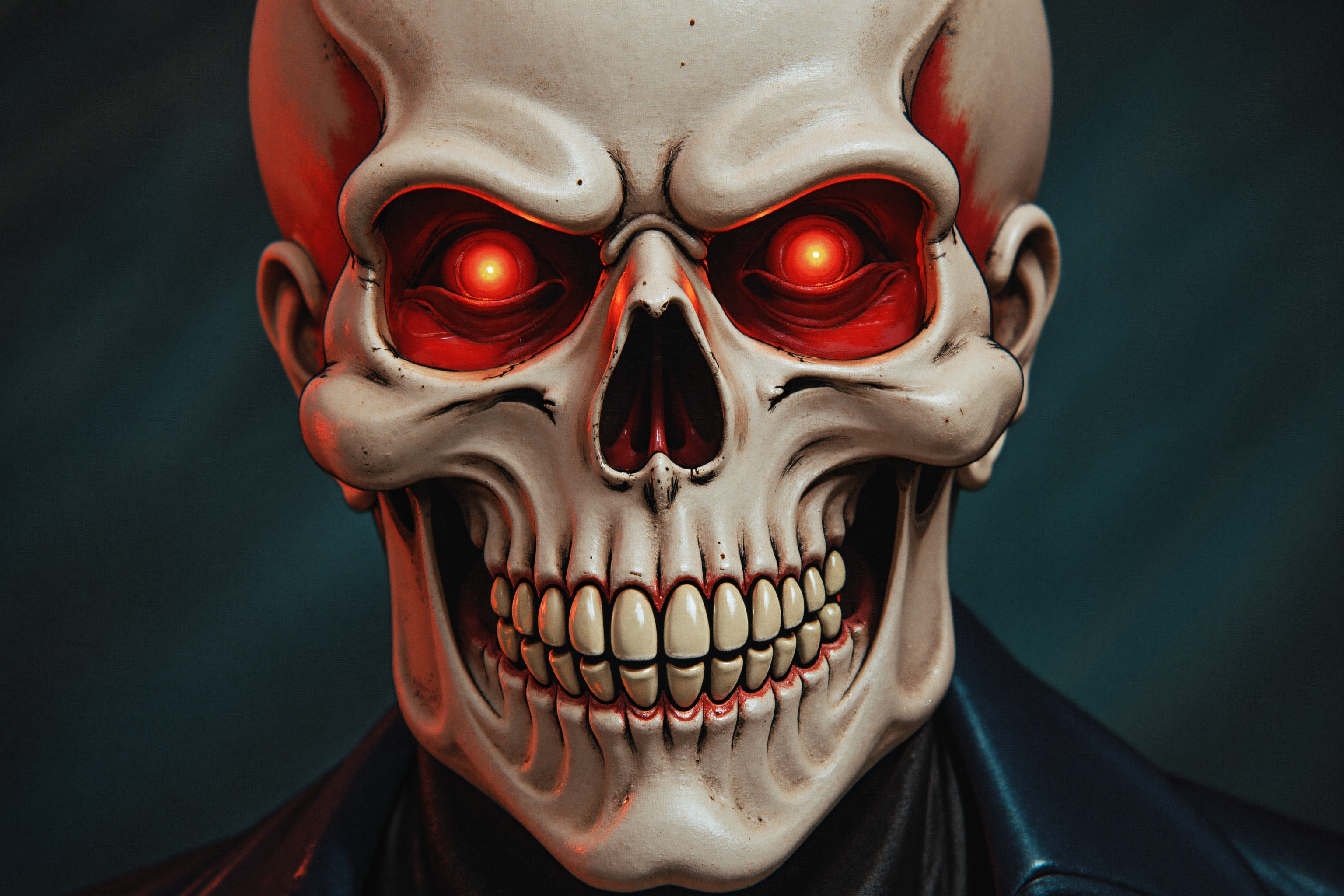close up portrait of a skull headded superhero