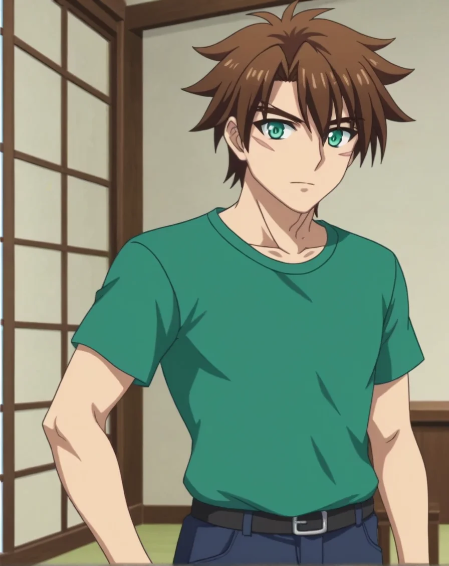 score_9, score_8_up, source_anime, anime screencap, original style, depth of field, BREAK, rating_safe, 1boy, solo, male focus, mature male,<lora:toujou_basara_pony:1>, toujou_basara_pony, brown hair, green eyes, short hair, hair between eyes, bangs, scar on cheek, cowboy shot, expresionless, standing, green shirt, looking at viewer, facing viewer, <lora:sdxl_lightning_8step_lora:1>
