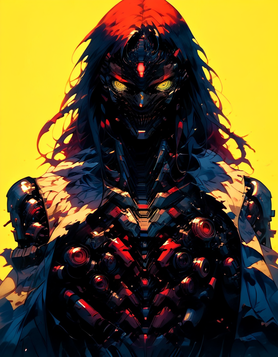 score_9, score_8_up, score_7_up, score_6_up, 
zPDXL3, realistic,
film grain, 
solo, DemonEngin3, no humans, mechanical eyes, robot, mecha, green mechanical eyes, many eyes ,(red cyborg body:1.5), beaten white cloak, torn clothing, science fiction, cyborg, mechanical parts, many arms, god engine, humanoid robot, pink dreadlocks, black braids, viking, (male:1.1), 1boy, 
science fiction,
 sinozick style, flat color, dark theme, Expressiveh, l0g0,
 simple background, vivid Yellow background
<lora:add-detail-xl:2> <lora:Cyberdemon_Engine-Grim:1>  <lora:Sinozick_Style_XL_Pony:0.8> <lora:g0th1cPXL:0.4> <lora:BioPunky:0.6>