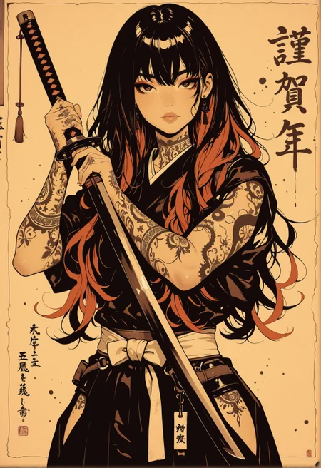 <lora:ck-shadow-circuit-IL:0.65>, 
masterpiece, best quality, good quality, very aesthetic, absurdres, newest, 8K, depth of field, focused subject, 
traditional japanese art style, ink on paper, wabi-sabi, henna and carmine, sepia, sexy, erotic japanese female warrior, holding katana, dramatic pose
 <lora:MoriiMee_Gothic_Niji_Style_Illustrious_r1:0.50> 
<lora:ck-nc-cyberpunk-IL-000011:0.7>
 <lora:ck-neon-retrowave-IL:0.2>