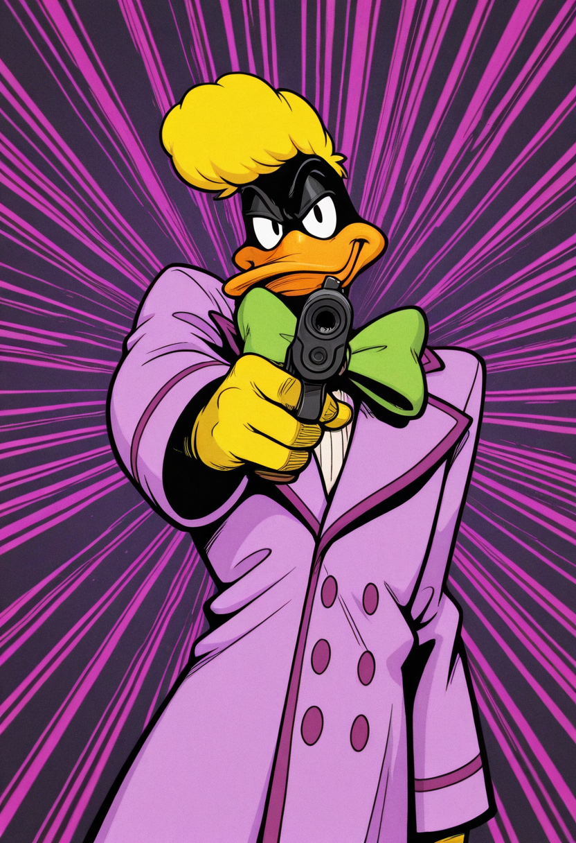 masterpiece, best quality, Graphic Design, color art, vibrant colors, colorful, intricate details, high contrast, detailed background, beautiful detailed, beautiful face, detailed eyes, detailed face, new, newest, z00td4ffy, 1boy, solo, male focus, furry, duck, black skin, beak, black eyes, yellow hair, pompadour, suit, formal, purple coat, yellow gloves, green bowtie, cowboy shot, dynamic pose, smirk, looking at viewer, holding weapon, pistol with supressor, aiming at viewer, from below, low angle,