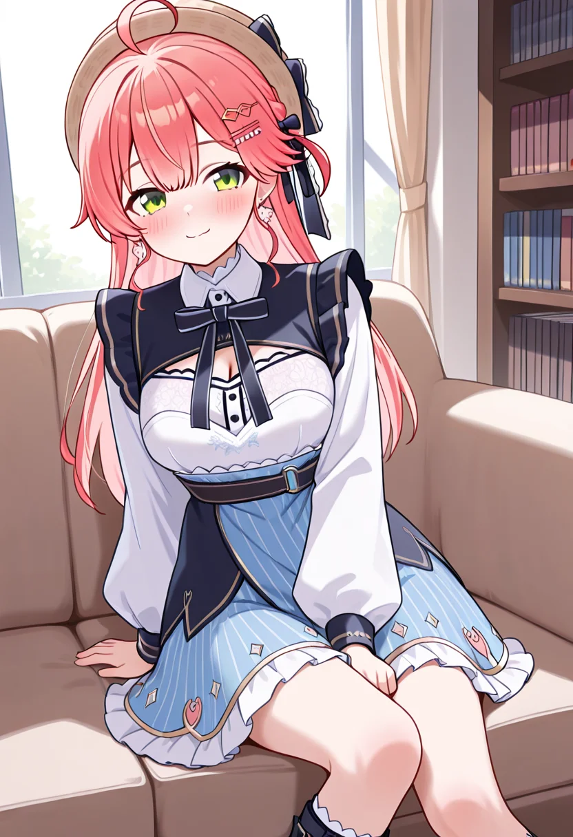 masterpiece,best quality,absurdres,perfect lighting,indoors bookshelf,window,day,sofa,
*//*,<lora:Sakura_Miko-Illustrious:1>,sakumiko_1offset,1girl,solo,sakura miko,virtual youtuber,green eyes,pink hair,long hair,bangs,ahoge,hair ornament,hairclip,cleavage cutout,official alternate costume,alternate costume,long sleeves,dress,layered skirt,white shirt,striped skirt,blue skirt,frilled skirt,hat,boots,black footwear,earrings,jewelry,
*//*,cowboy shot,light smile,sitting,