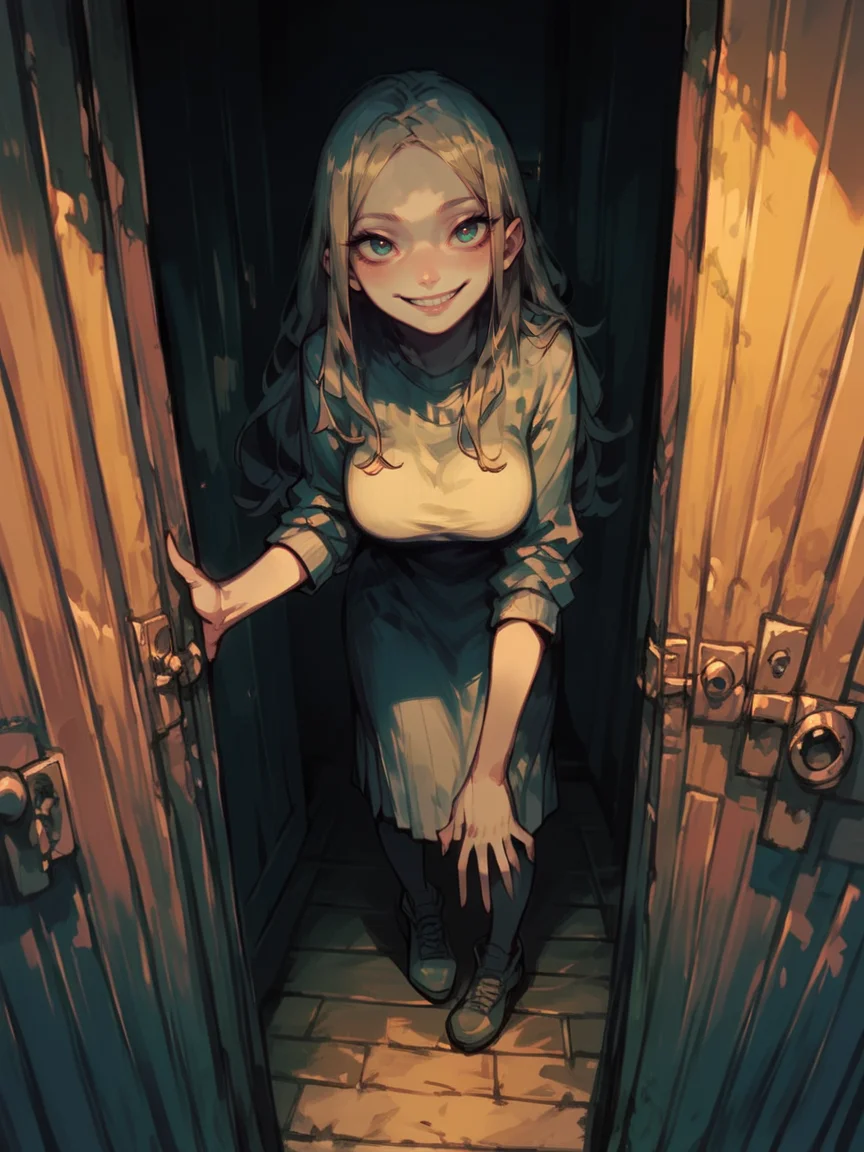 score_9, score_8_up, score_7_up, score_6_up, 1girl, large breasts, long hair, smile, <lora:cr33pp41ntXLP:1> cr33pp41nt, dark, doorway,