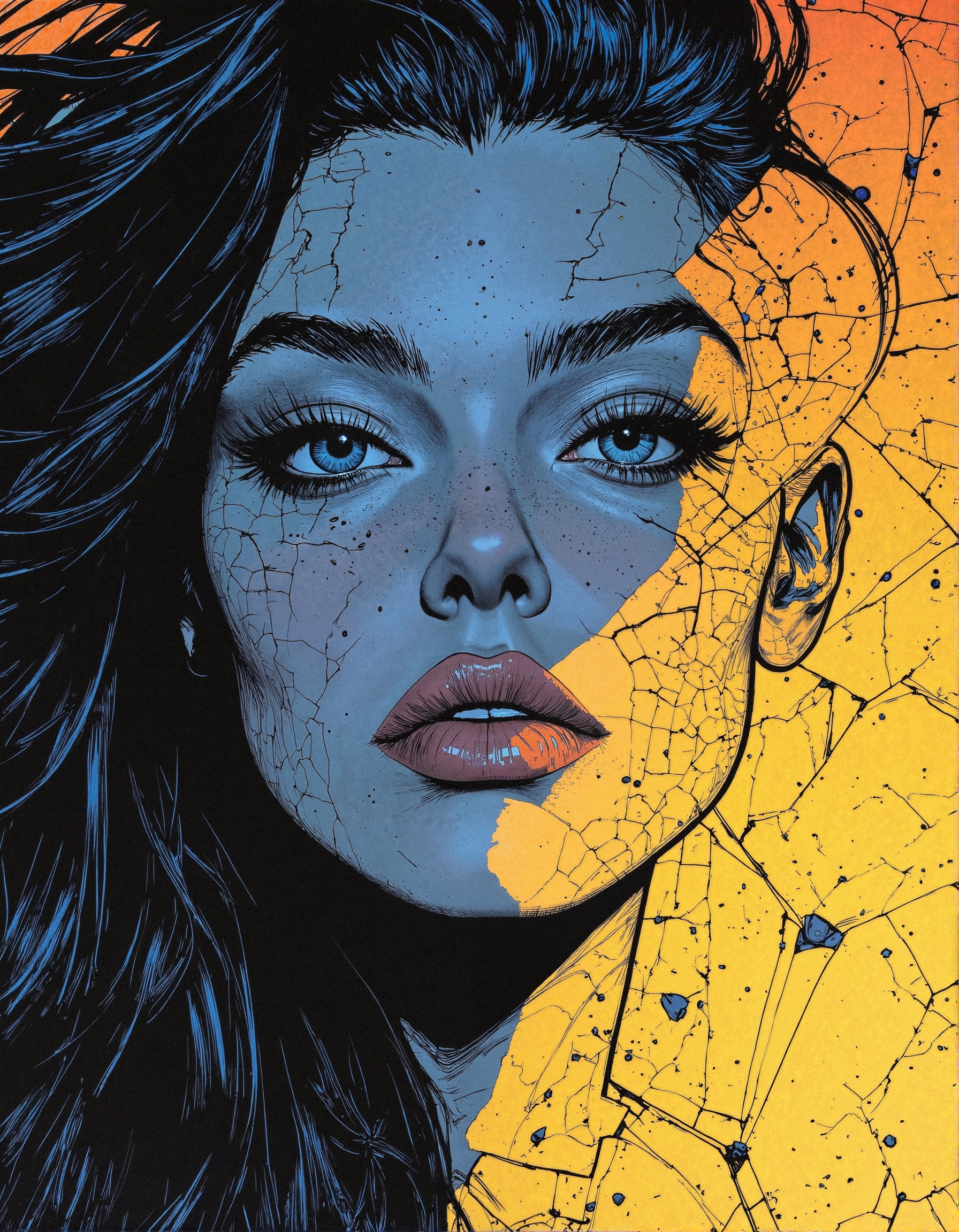 aidmaHyperrealism, Comic book illustration
A breathtaking close-up of a woman’s face, her skin resembling cracked porcelain infused with golden hues, creating an intense visual contrast against the deep black strands of her flowing hair. Her piercing, ice-blue eyes glow with an unspoken intensity, framed by bold, exaggerated lashes and dramatic, expressive eyebrows. The entire image pulses with kinetic energy, as dynamic ink-like strokes and jagged fissures spread across her visage, giving the illusion that she is shattering apart yet holding herself together through sheer force of will. The textured background is an abstract interplay of fractured glass patterns and warm golden-orange gradients, evoking a sense of transformation and rebirth. The artwork seamlessly blends hyper-expressive line work, raw emotion, and surreal fragmentation, reminiscent of high-impact ink and watercolor fusion, creating a modern masterpiece of stylized portraiture and symbolic deconstruction.
 <lora:FluxDFaeTasticDetails:0.3> <lora:Comic_Style_-_FLUX:0.85>