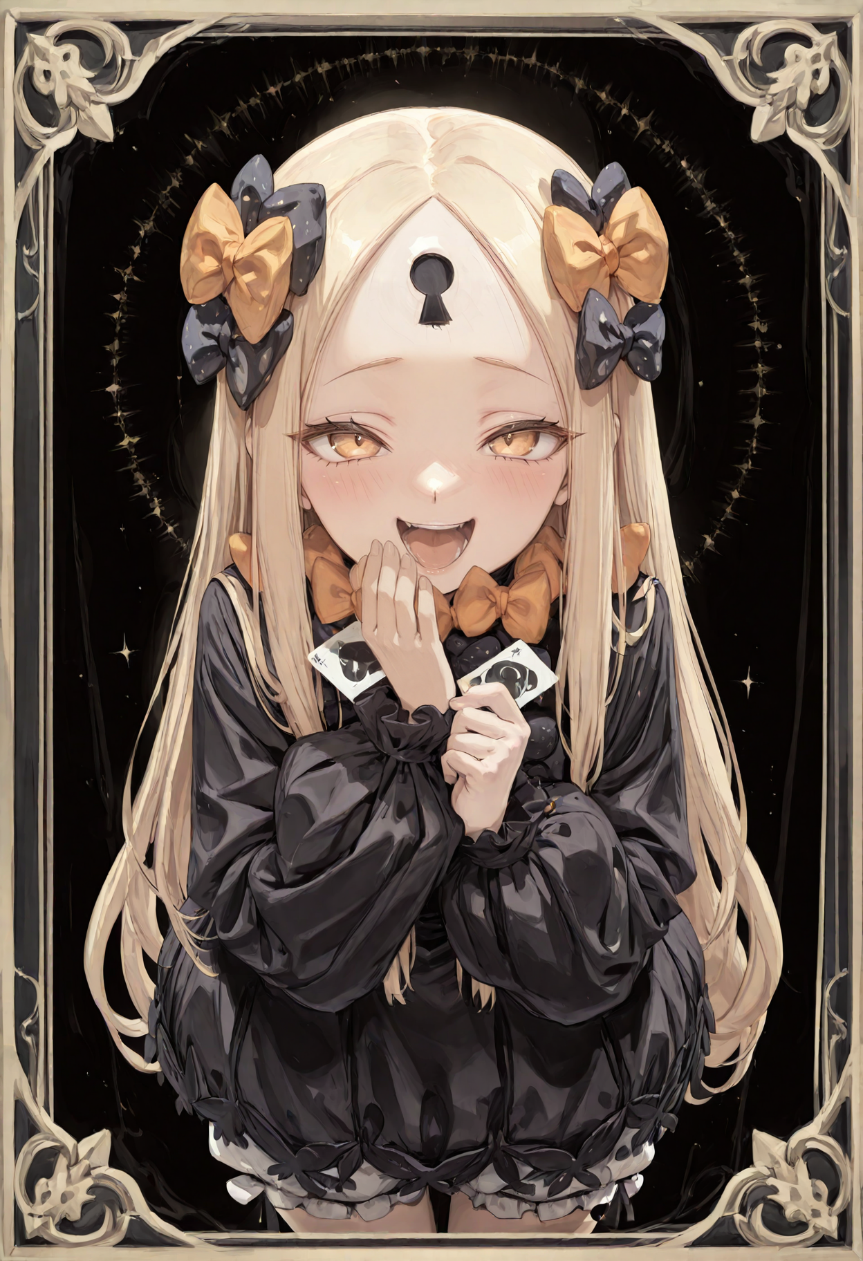 masterpiece, best quality, amazing quality, very aesthetic, absurdres, highres, newest, (card \(medium\), symmetry:1.6), (line art, monochrome, sketch drawing:1.2),  smewed, side-view, high angle, cowboy shot, 1girl, adult, tall, blonde hair, long hair, perfect detailed blue eyes, perfect detailed eyelashes, perfect shiny skin, forehead, sidelocks, (keyhole on forehead, forehead mark), parted bangs, hair bow, polka dot bow, orange bow, black dress, long sleeves, bloomers, laughing, happy, looking at viewer, black background, <lora:smewedILLUS:0.6>, <lora:cfg_scale_boost:1> ,  <lora:Abby_Illus:1>