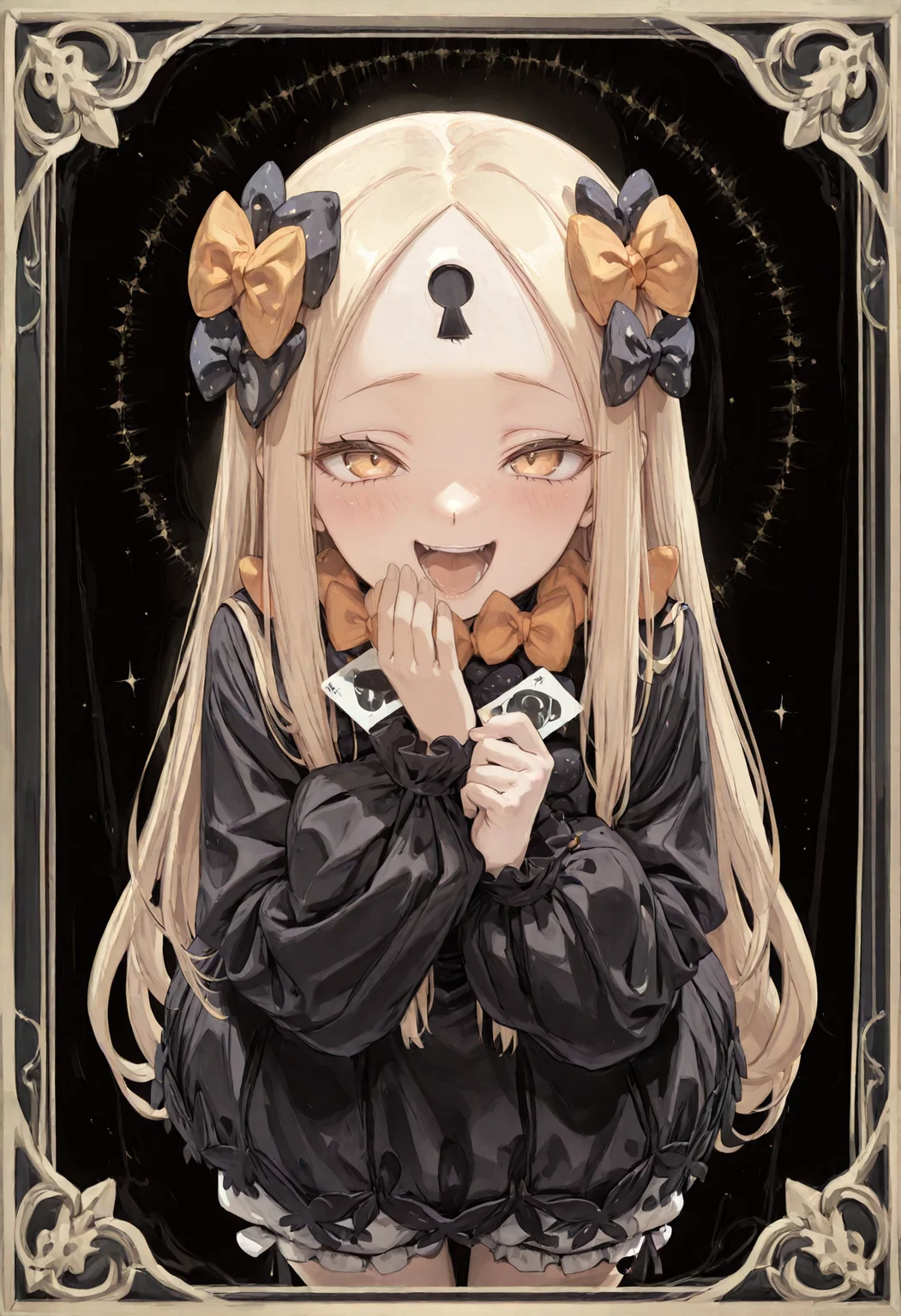 masterpiece, best quality, amazing quality, very aesthetic, absurdres, highres, newest, (card \(medium\), symmetry:1.6), (line art, monochrome, sketch drawing:1.2), smewed, side-view, high angle, cowboy shot, 1girl, adult, tall, blonde hair, long hair, perfect detailed blue eyes, perfect detailed eyelashes, perfect shiny skin, forehead, sidelocks, (keyhole on forehead, forehead mark), parted bangs, hair bow, polka dot bow, orange bow, black dress, long sleeves, bloomers, laughing, happy, looking at viewer, black background, <lora:smewedILLUS:0.6>, <lora:cfg_scale_boost:1> , <lora:Abby_Illus:1>