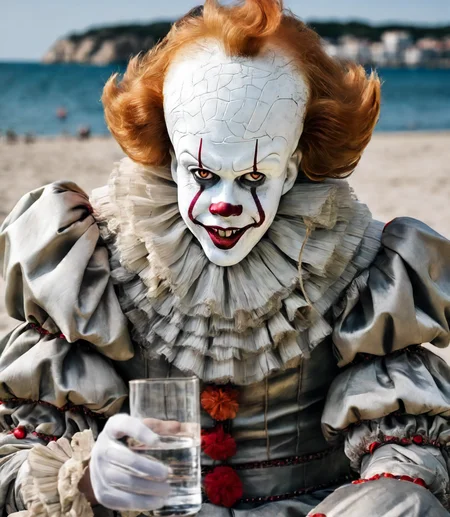 close up portrait of pennywise a creepy clown at the beach wearing glasses holding a vodka, summer, Spain, beach <lora:Pennywise:0.7> sunny day,