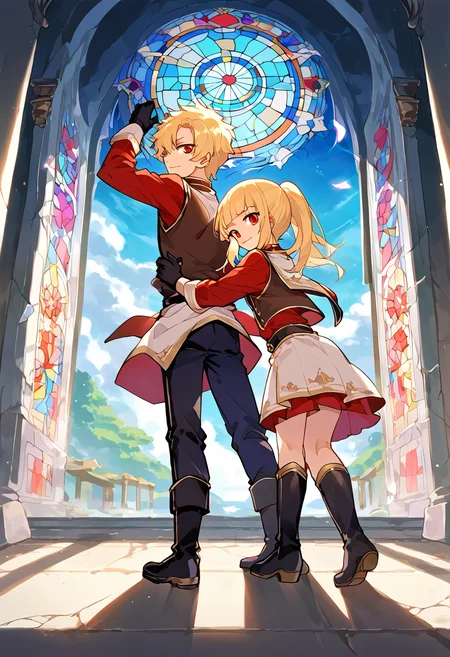 score_9,score_8_up,score_7_up,source_anime,zPDXL3,temple,hourglass,glass,broken glass,stained glass,
*//*,<lora:Zero_Pony:1>,zero_alpha,1boy,blonde hair,short hair,red eyes,gloves,black gloves,boots,red shirt,long sleeves,white long vest,open vest,pants,
zero_beta,1girl,blonde hair,ponytail,blunt bangs,red eyes,gloves,black gloves,boots,red skirt,red shirt,long sleeves,white long vest,light smile,brother and sister,
*//*,looking at viewer,cowboy shot,back-to-back,locked arms,