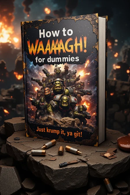The book cover is designed as a collage of pictures of Orks from Warhammer in a war setting, with explosions, lasers, and shootings. At the top is the text "How to WAAAGH! for dummies". At the bottom is the inscription "Just Krump it, ya git!". The book is consumed, with minor scratches and burns on the cover. The book is on top of a rock, with empty (fuming) bullet casings all around. In the background there is a futuristic war scenario with explosions and smoke. <lora:Orks_-_Warhammer_40000_Flux:1>, <lora:aidmaTextImproverv0.3:0.5> aidmaTextImprover, <lora:aidmaMJ6.1-FLUX-V0.2(1):1>
