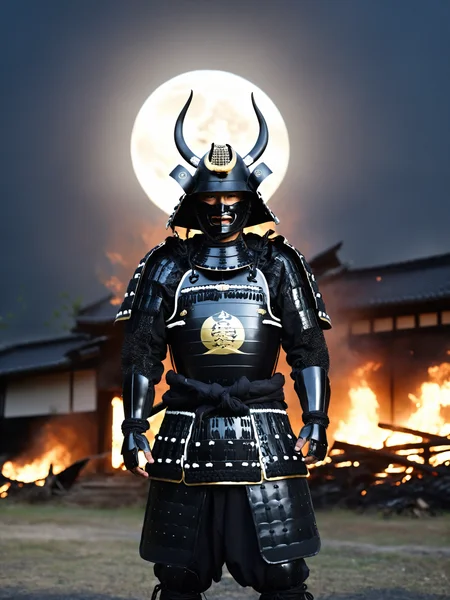 best quality, masterpieces,
a man in samurai armor standing in front of devastated houses which on fire, ruins background,
heavy shadow, film photography, soft focus, detailed skin, matte skin, soft lighting, subsurface scattering, realistic,
midnight, dark sky, moon, dark theme,
black samurai, black samurai helmet, symbol on helmet,
<lora:hina_samurai_armor_sdxl_rank32:0.6>