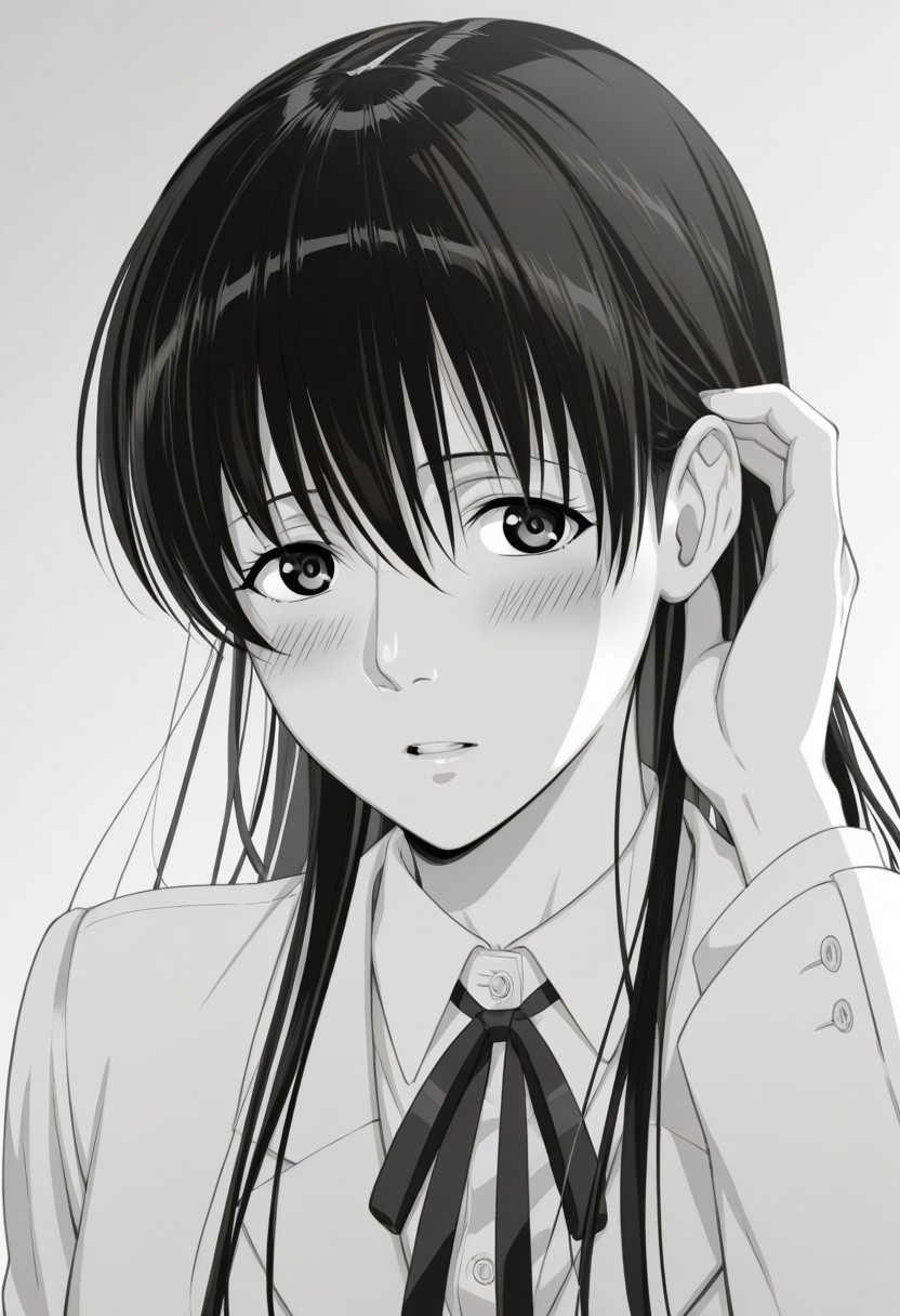 score_9, score_8_up, score_7_up, source_anime,(extremely detailed CG), (best quality), 
1girl, greyscale, monochrome, solo, long hair, blush, looking at viewer, school uniform, parted lips, hair tucking, bangs, simple background, hair between eyes, adjusting hair, karen