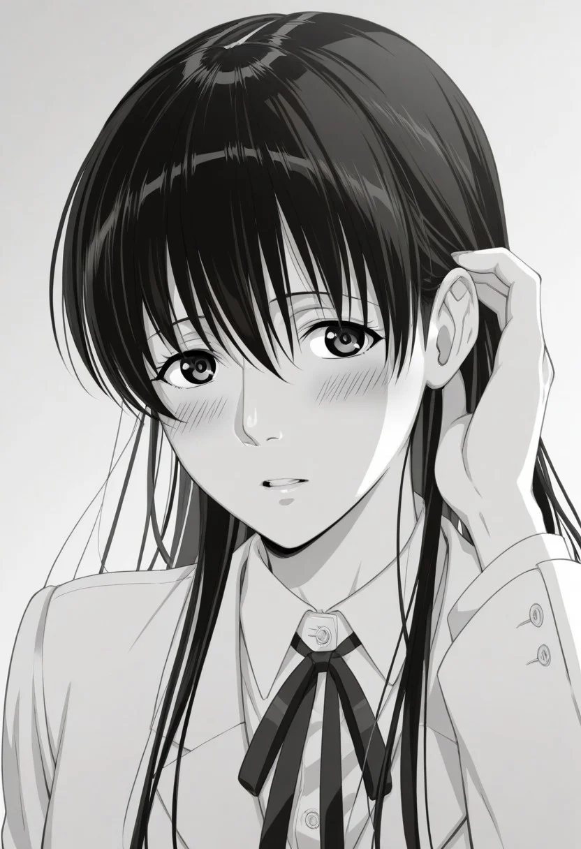 score_9, score_8_up, score_7_up, source_anime,(extremely detailed CG), (best quality), 
1girl, greyscale, monochrome, solo, long hair, blush, looking at viewer, school uniform, parted lips, hair tucking, bangs, simple background, hair between eyes, adjusting hair, karen