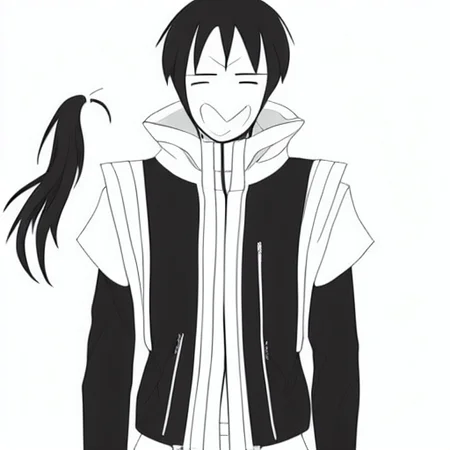 dougi, ponytail, red jacket, forehead protector, open mouth, monochrome, bodysuit, greyscale, vest