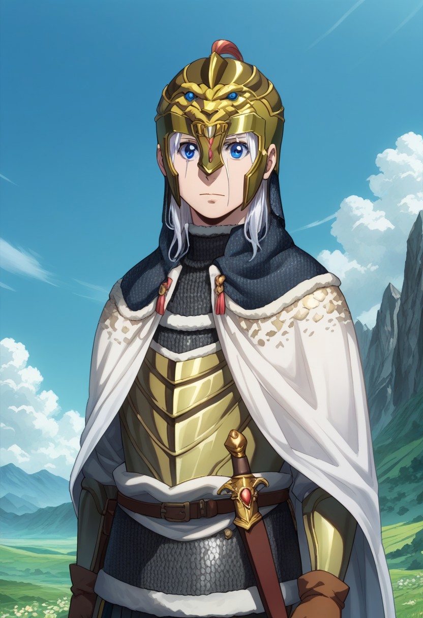 score_9, score_8_up, score_7_up, source_anime, highly detailed, 
arslan, 1boy, male focus, solo, armor, blue eyes, cape, gloves, chainmail,  brown gloves,
standing, looking at viewer, white hair, upper body, helmet,
outdoor, mountains, sky, clouds,