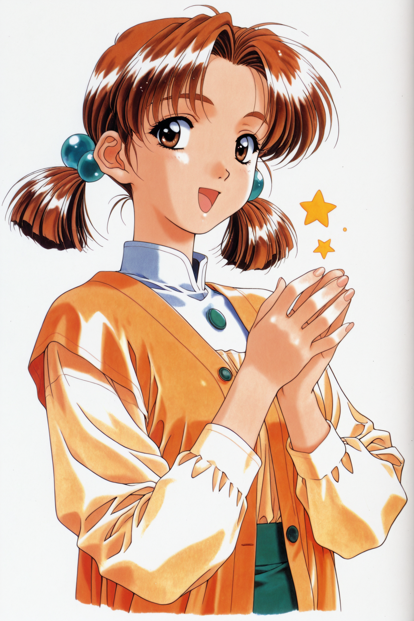 Emiru Nagakura,1girl,brown hair,twintails,open mouth,brown eyes,retro artstyle,1990s \(style\),solo,hair ornament,hair bobbles,white background,star \(symbol\),looking at viewer,long sleeves,simple background,smile,bangs,upper body,short twintails,short hair,:d,
<lora:Mizutani Tooru_illustriousXL:1>,