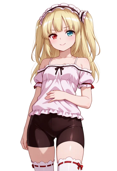 Smooth Quality,masterpiece,very intricate, high quality details, ultra realistic, high detailed skin,detailed enviorement,absurdres,
hand on own stomach,
 <lora:Kobato_Hasegawa_CNR:0.8> kobato_cnr, hasegawa kobato, 1girl, blonde hair, two side up, heterochromia, red eyes, blue eyes,, simple background, white background, dutch angle,solo,, c:,, tank top camisole ,off-shoulder shirt,bike shorts,  ,bow legwear thighhighs,
