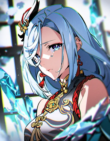 masterpiece, best quality, <lora:yoneyama-a31:1>,yoneyama mai,1girl, solo, looking at viewer, face, blurry,chromatic aberration, shenhe \(genshin impact\),expressionless, ice,ice theme,snow,mature female, hair ornament, chinese clothes, tears
