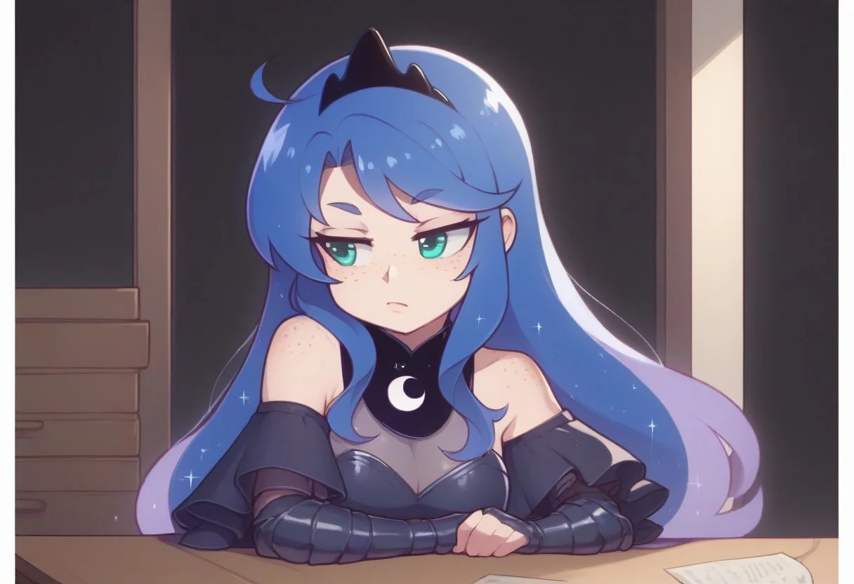 score_9, score_8_up, score_7_up, score_6_up, (humanized, human), 1girl,, (princess luna), blue hair, , long hair, ((freckles)), anatomically correct, medium breasts, dark background, photo_realistic:1.5, fully clothed, high resolution, ,serious face, lidded eyes, looking out window, in a bedroom, night time, soft glow, moonlit room, big eyes, elegant dress, blue and black dress, armored dress, looking away, sitting in a chair, legs crossed, chin resting on hand, elbow on table, full body, front view, exposed shoulders, detailed dress, freckles on shoulders