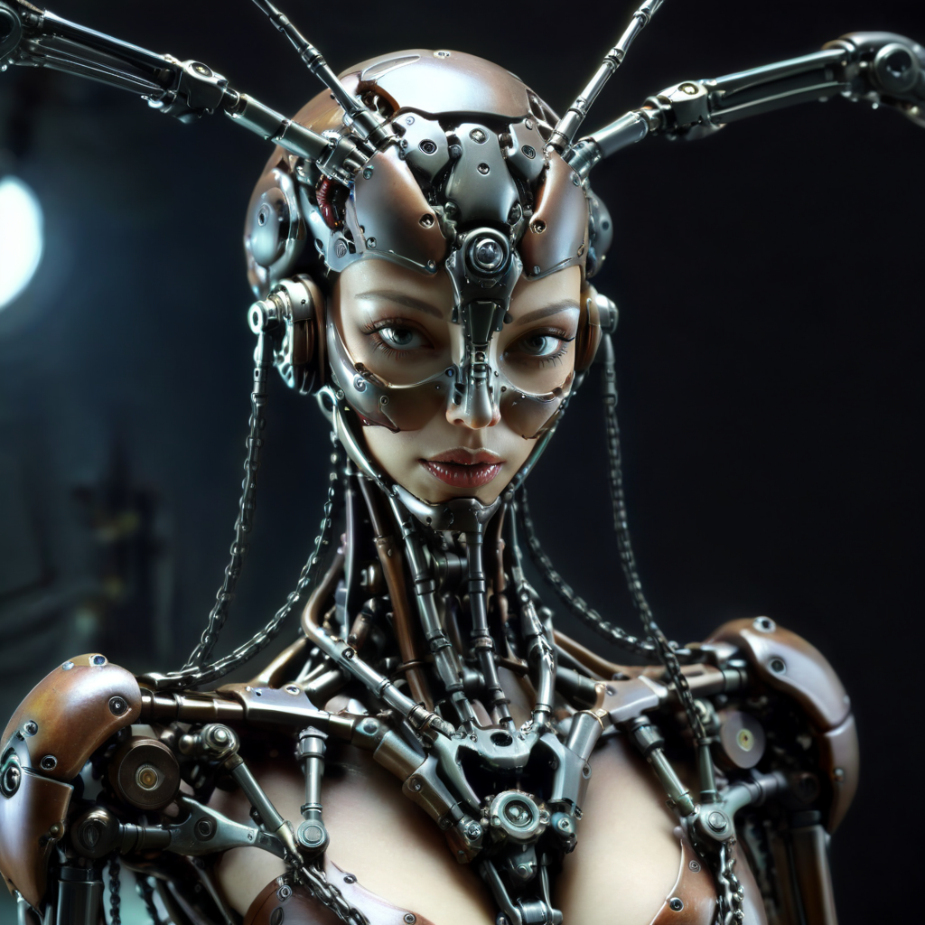 mechanarion a mechanical insects mantis-woman hybrid, chains and sprockets, cinematic, professional light, darkness atmosphere<lora:mechanarion:1>