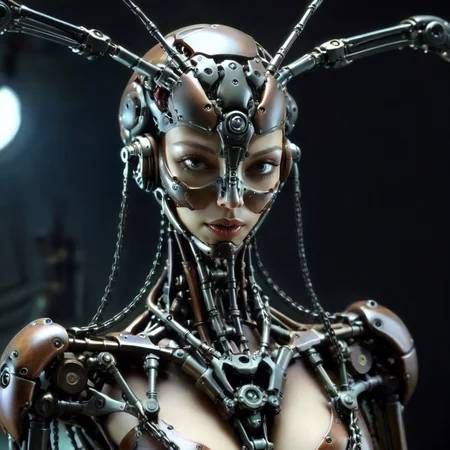 mechanarion a mechanical insects mantis-woman hybrid, chains and sprockets, cinematic, professional light, darkness atmosphere<lora:mechanarion:1>
