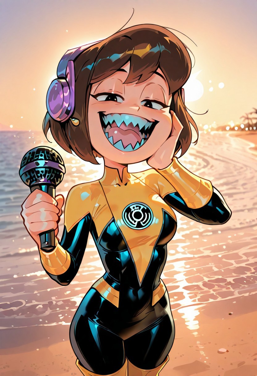 masterpiece, newest,absurdres,incredibly absurdres, best quality, amazing quality, very aesthetic, 
, depth of field, blurry foreground, bokeh,Beach , palmeras, solo,1girl, evil smile, sharp teeth, upper body, close up, open mouth,,melodii, brown hair, 1girl, short hair, purple headphones, holding microphone, girl holding microphone, cowboy shot,
SinestronCOS,thighhighs,skin tight,bodysuit,superhero,black bodysuit,yellow bodysuit,sinestrocorps symbol on chest,  knee boots, yellow boots, sinestrocorps  symbols on chest,
, toon art style, western cartoon,
, hand on  cheek ,
re4lity_sync_illu