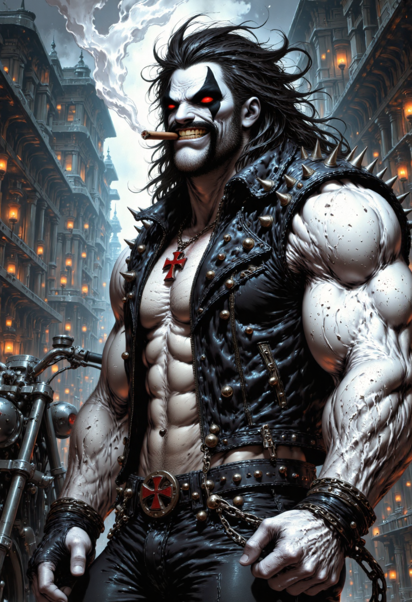 impressionist classical-style painting of a highly detailed, fantasy scene with a calming ethereal watery aesthetic. The central figure is L0b0Dc man smoking a cigar, menancing appearance, standing in a dimly lit, dark environment. His long messy hair at wind, his red eyes are an intense and frightening, matching the environment that surround him, he is dressed in a sleeveless leather jacket with metal spikes, showing his huge muscular build and pale white skin, he wears a red cross pendant and has chains around his forearm. a custom motorcycle in the background, ultra-realistic style, realistic soft lighting, bright, eye-catching, atmospheric lighting, natural, shallow depth of field, high detail, dynamic, cinematic shot, film grain, bokeh, depth of field,<lora:CustomFlux/L0b0Dc.safetensors:0.9500000000000001:0.9500000000000001> <lora:CustomFlux/MysticRealism.safetensors:0.5:0.5> <lora:CustomFlux/MysticFantasy.safetensors:0.35000000000000003:0.35000000000000003>