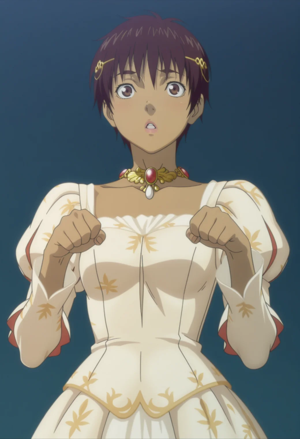 masterpiece, best quality, amazing quality, anime coloring, anime screencap, solo, 1girl, <lora:DX888Casca:1> casca, dark-skinned female, bronw hair, brown eyes, pixie cut, dress juliet sleeves, necklace, hair ornament BREAK paw pose, blue background pastel background, from below,