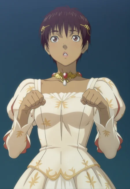 masterpiece, best quality, amazing quality, anime coloring, anime screencap, solo, 1girl, <lora:DX888Casca:1> casca, dark-skinned female, bronw hair, brown eyes, pixie cut, dress juliet sleeves, necklace, hair ornament BREAK paw pose, blue background pastel background, from below,
