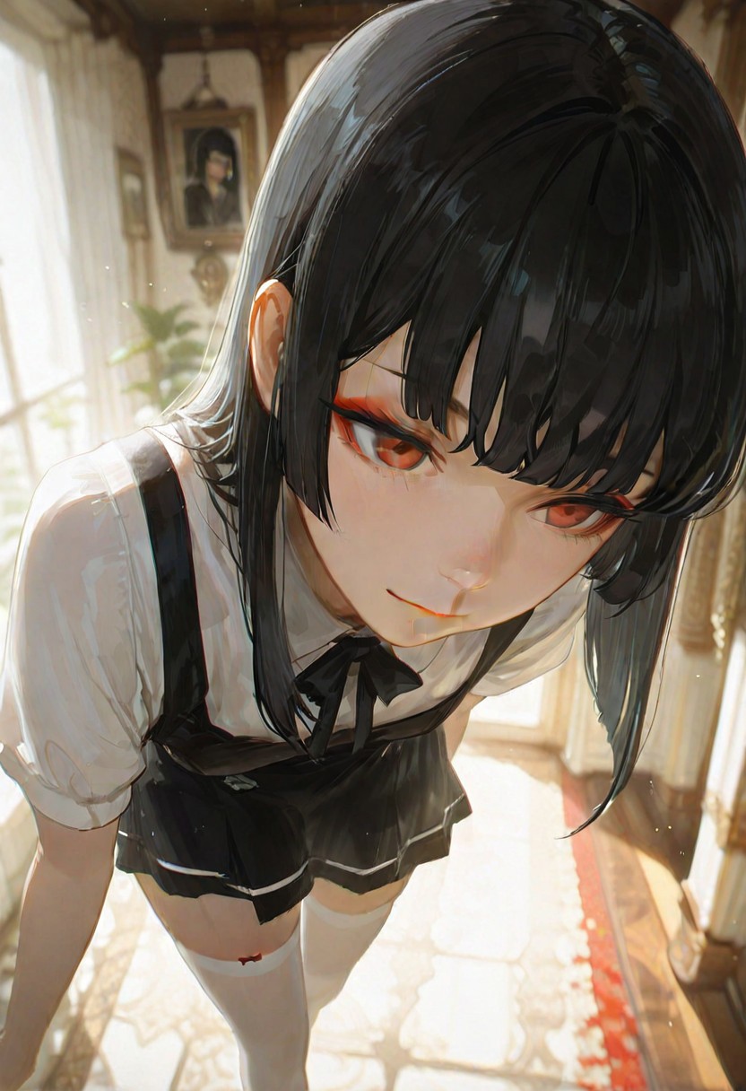 masterpiece, ultra-HD, cinematic lighting, photorealistic, impressionism (1.5), high detail, depth of field, (blurred background), (dramatic lighting),masterpiece, best quality, very aesthetic,8k,masterpiece, best quality,realistic, masterpiece, best quality, 8k, 
, simple_background, , 
, half close-up, sexy pose, long black hair, straight hair,blunt bangs, red eye makeup,
, asian girl, small head, pretty girl, korean girl, 
((slim body)), Dynamic angle, Dynamic pose, sfw, portrait,
girl, black maid uniform, white stockings, black loafers, soft smile, in a mansion