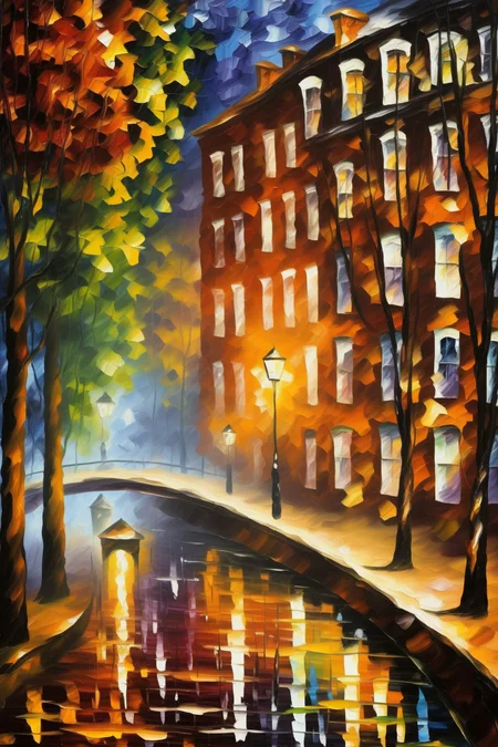 <lora:Leonid Afremov Style:1>Leonid Afremov Style - oil painting of a leafy bristol habourside